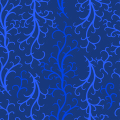 Botanical blue seamless pattern with curve branches. Vector hand drawn texture linear wave.
