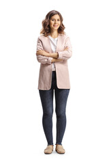 Full length portrait of a young casual woman posing and looking at camera