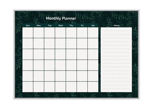 Monthly Planner to do list, notes. Printable schedule, calendar for study, school or work. Vector illustration. Green vector design template. Elegant floral leaves organizer and notepad.