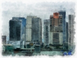 landscape of tall buildings and city streets watercolor style illustration impressionist painting.