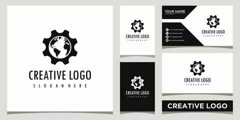 gear and world logo design template with business card design