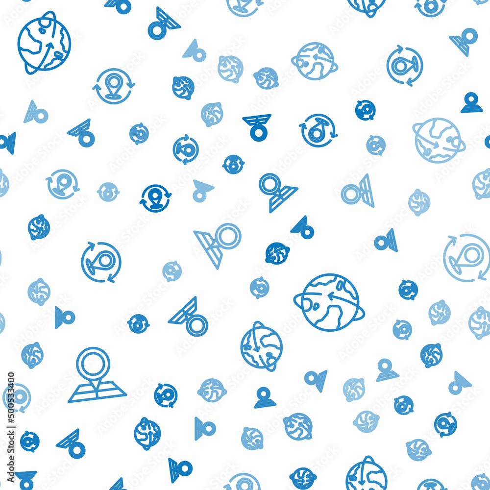 Poster set line folded map with location marker, satellites orbiting the earth and map pin on seamless patt