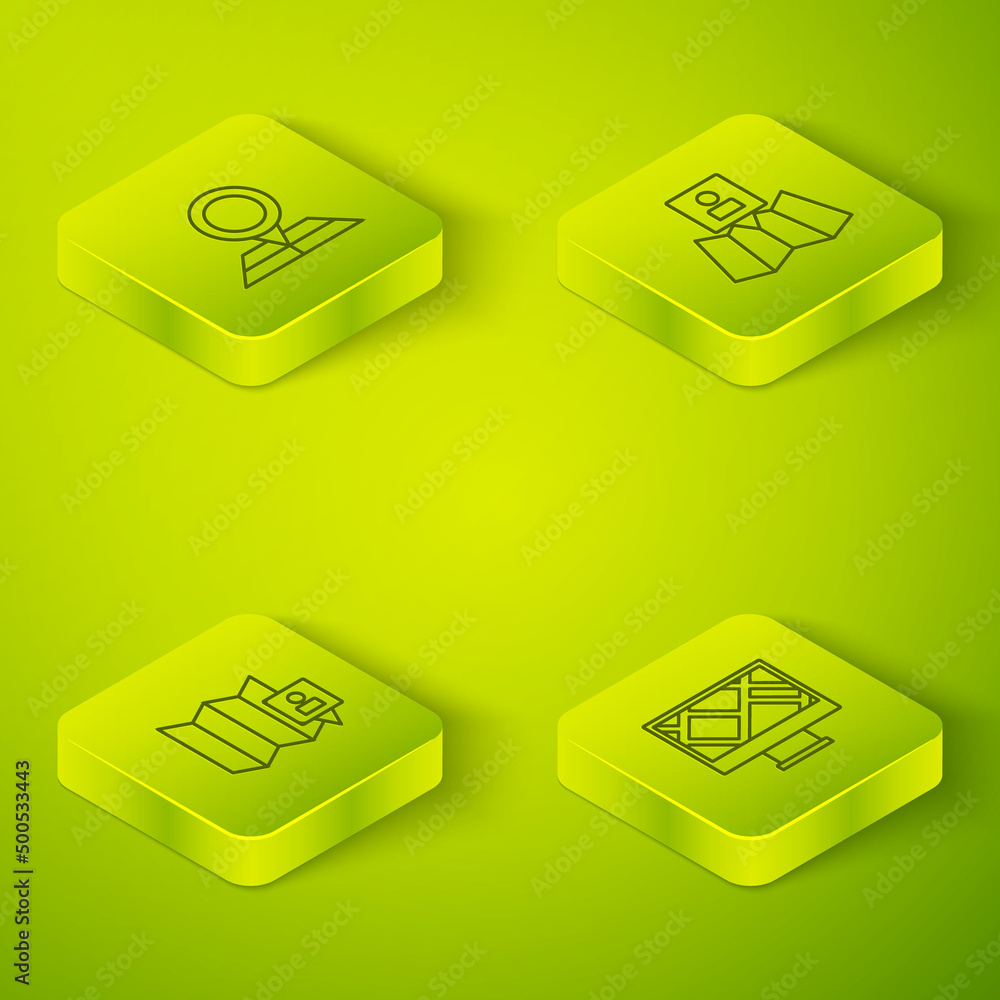 Aufkleber set isometric line folded map with location marker, monitor and icon. vector