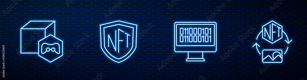 Poster set line binary code, nft digital crypto art, shield and . glowing neon icon on brick wall. vector