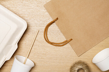 Eco friendly concept, Delivery food container and paper bag with jute rope made from natural fiber