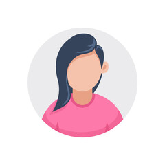 flat vector illustration isolated on white background, round icon of woman or girl in blue t-shirt, avatar for social media and chat