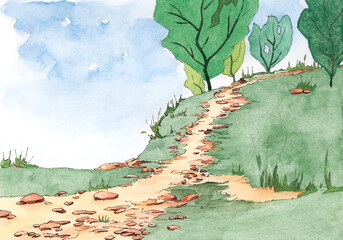 Stony footpath over hill. Ink and watercolor on paper.