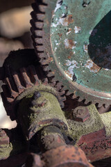 Gear. At the junkyard. Perished agricultural history. Abandoned and rusted machinery. 