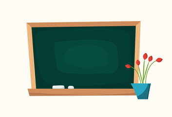 Blackboard with wooden frame and flowers, school chalkboard. Vector modern cartoon illustration