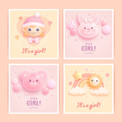 Set of baby shower invitation with cartoon baby girl, helium balloons, rainbow, sun and flowers on pink and beige background. It's a girl. Vector illustration