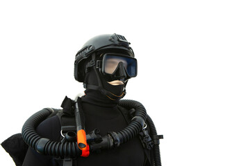 Plastic dummy in a wetsuit. Professional scuba diving equipment is on display at a specialized...