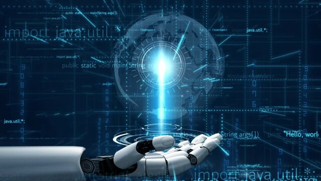 Futuristic robot artificial intelligence revolutionary AI technology development and machine learning concept. Global robotic bionic science research for future of human life. 3D rendering graphic.