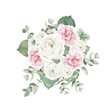 Watercolor flowers and greenery composition. Hand-painted pink and white roses, eucalyptus bouquet illustration. Botanic composition for wedding or greeting card.
