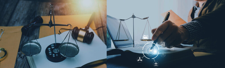 Law theme, mallet of the judge, law enforcement officers, evidence-based cases and documents taken...