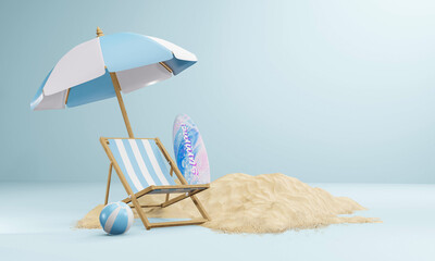 summer background 3d product display platform scene with surfboard platform. sky cloud summer background 3d render on the ocean display. podium on sand beach cosmetic product display stand - obrazy, fototapety, plakaty