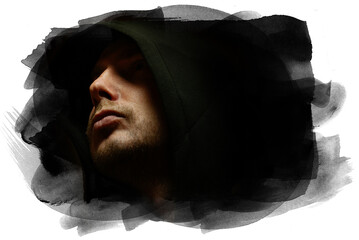 Man in Hood. Dark figure in a hooded sweatshirt. Incognito Boy