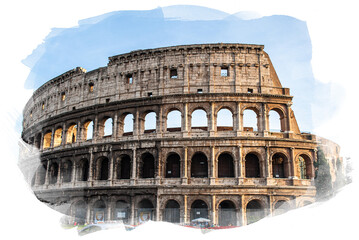 Colosseum in Rome, Italy. Ancient Roman Colosseum is one of main tourist attractions in Europe. People visit famous Colosseum in Roma city center. Scenic nice view of Colosseum ruins in summer.