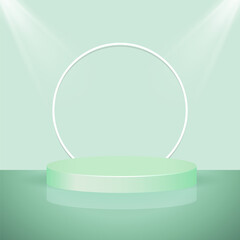 3d glass background products display podium scene with geometric platform. background vector 3d rendering with podium. stage showcase on pedestal display green studio