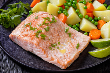 instant pot salmon, carrots, peas and potatoes