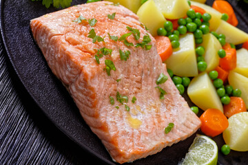 instant pot salmon, carrots, peas and potatoes