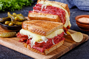 reuben sandwich with corned beef, top view