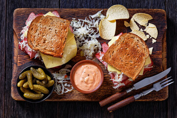 reuben sandwich with corned beef, top view