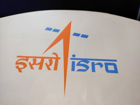 Bangalore, INDIA- March 31 2022: Decorated logo and icon of the Indian Space and Research Organization situated at ISRO launch center.