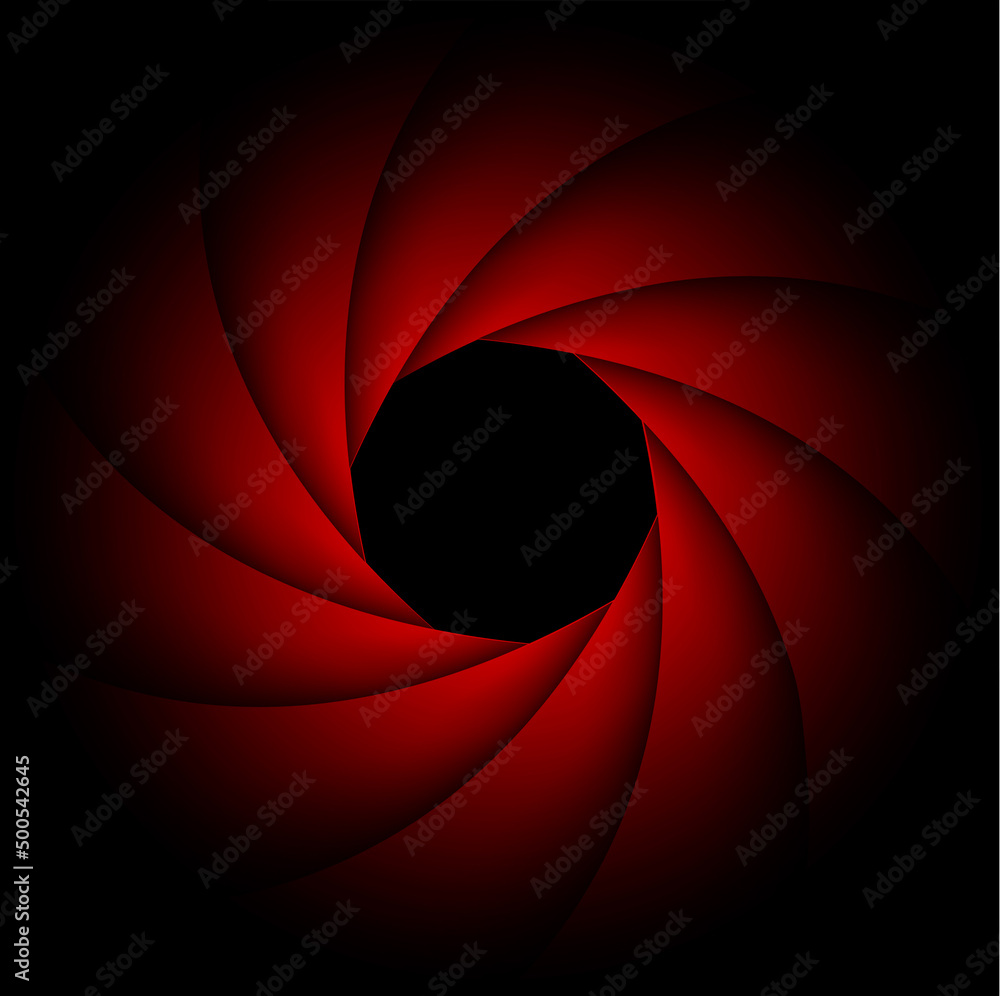 Poster background with camera lens shutter, elegant black and red abstract technology design. vector illust