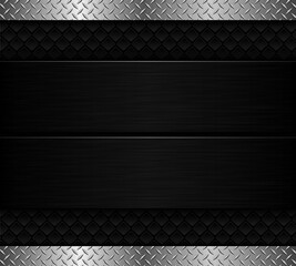 Black brushed metal texture with silver diamond metallic pattern, 3D steel plate technology background, vector illustration.