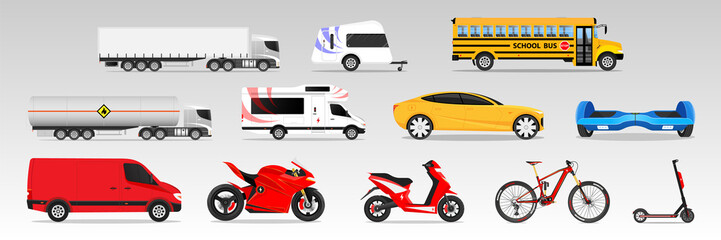 Car icons collection. Vector illustration in flat style. Urban, city cars and vehicles transport Bike Hoverboard