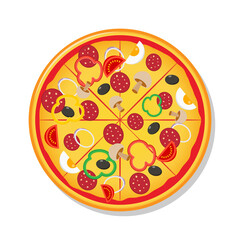 Fresh pizza with tomato, cheese, olive, sausage, onion Traditional italian fast food Top view meal