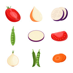 Set of half vegetables. Vegetarian food, healthy eating concept. Tomato, pea, eggplant, onion, carrot. Flat vector illustration