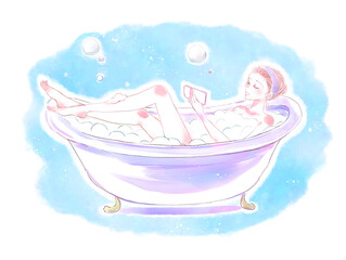 Naklejka premium バスタイムを堪能する女性 スマホ