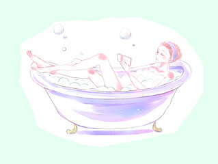 バスタイムを堪能する女性　スマホ