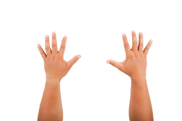 Raise both hands with five fingers. on a white background with clipping path