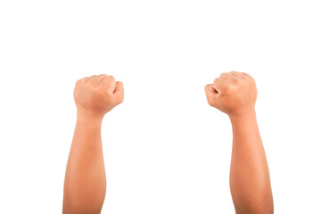 clenched fists and raised upwards on a white background with clipping path