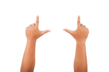 Point your finger and hold it up. on a white background with clipping path