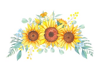 Bouquet of sunflowers and wild flowers. Watercolor illustration, isolated on white background