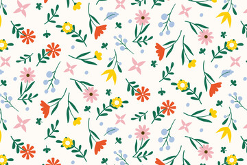 Flat Flower Pattern hand drawn botanical floral background illustration