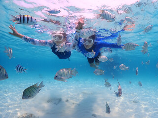 Tourist people diving with snorkel to see nemo fish , beautiful fish and coral at Samaesarn Island...