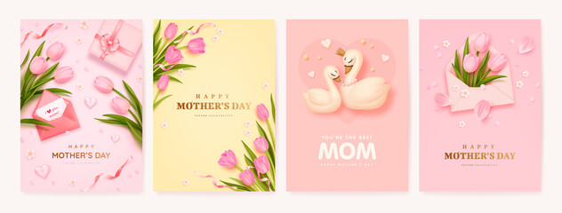 Mother's day poster or banner set with sweet hearts, cartoon swan, bouquet of tulips and pink gift box on pink background