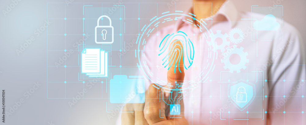 Poster finger scan,unlocking the system to access information to work safely,business man are confident in 