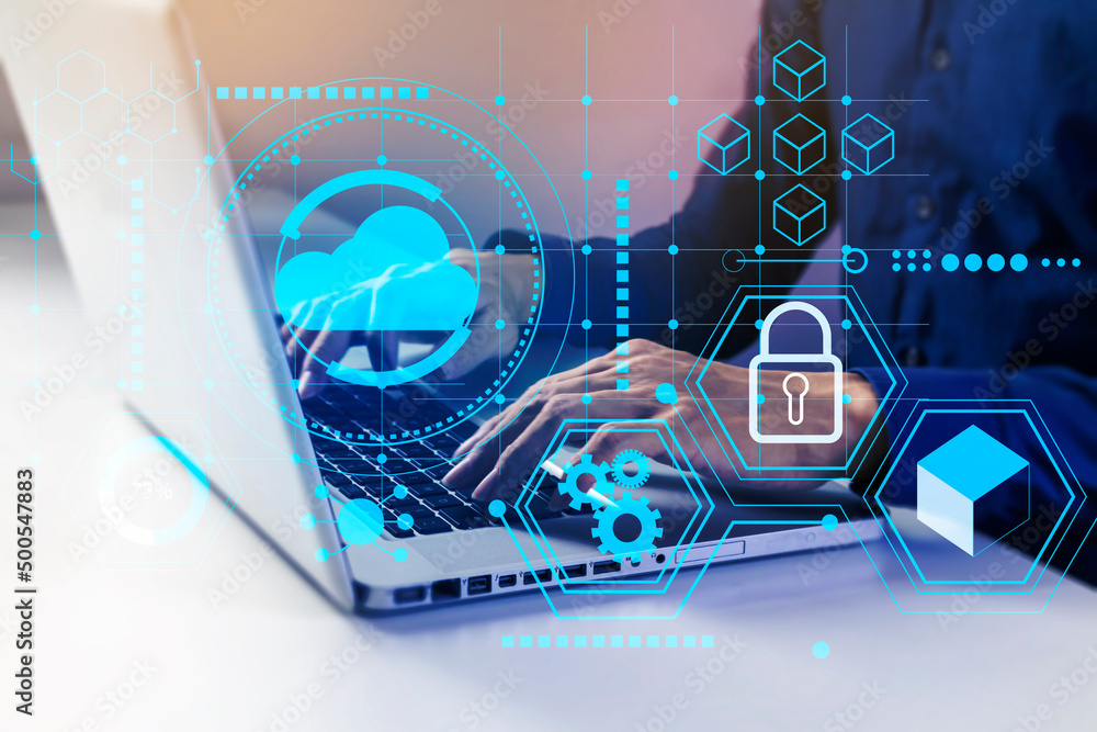 Poster cloud access for businessman is safe., managing internal systems efficiently.,cloud data transmissio