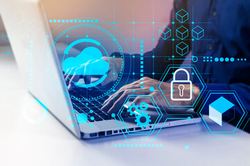 Cloud access for businessman is safe., managing internal systems efficiently.,Cloud data transmission system concept