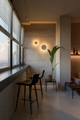 cozy area near the panoramic window in the loft interior, living room in loft style