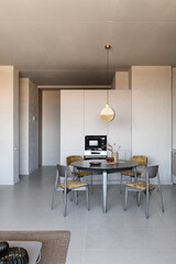 kitchen-studio in loft style, apartment with open plan loft style, dining area in the loft interior, living room