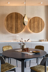 kitchen-studio in loft style, apartment with open plan loft style, dining area in the loft interior