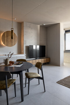 dining area in the loft interior, living room in loft style, apartment with open plan loft style
