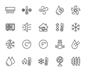 Vector set of air conditioning line icons. Contains icons humidity, air, temperature, air filter, fan, air purifier and more. Pixel perfect.