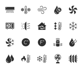 Fototapeta Vector set of air conditioning flat icons. Contains icons humidity, air, temperature, air filter, fan, air purifier and more. Pixel perfect. obraz